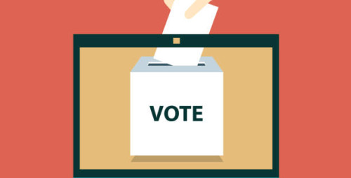 Online vote concept. Ballot box on monitor screen. Electronic referendum or election background. Hand holding paper ballot page. stock illustration